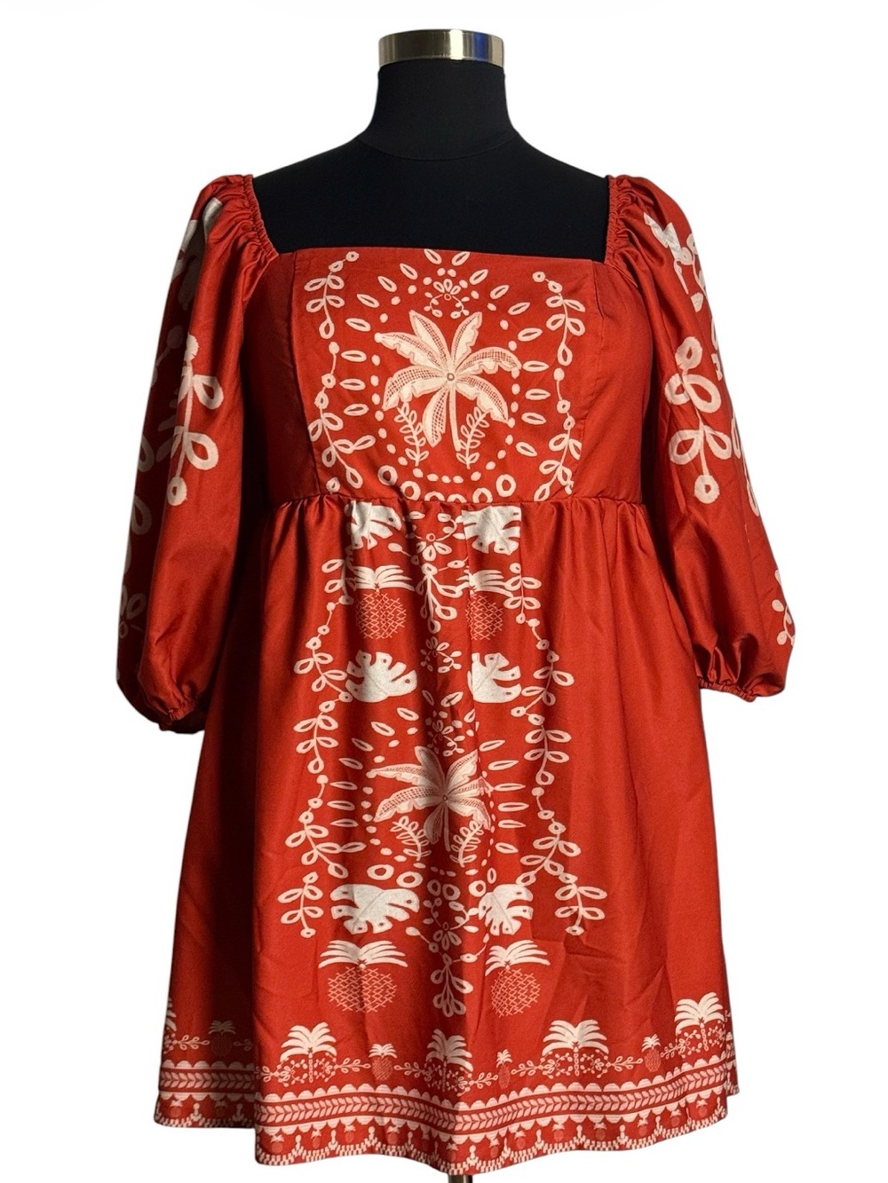 SHEIN Red Bohemian Puff-Sleeve Square Neck Dress tropical style print SZ 3XL